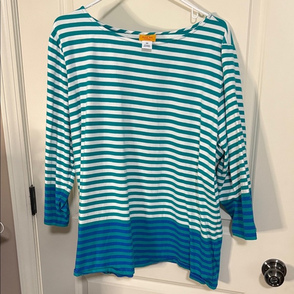 Ruby Rd. Turquoise and White Striped Top - Picture 1 of 7